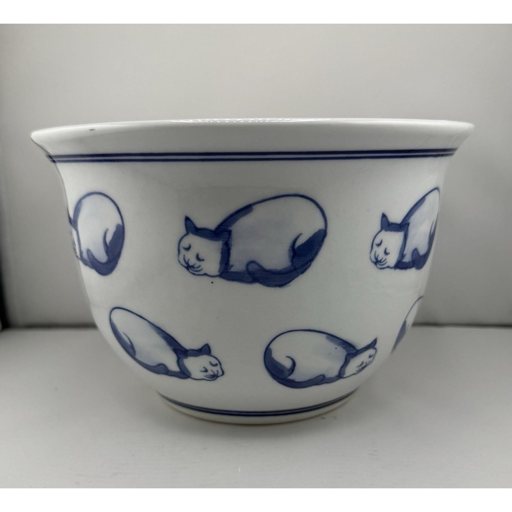 Vintage Japanese Porcelain Sleeping Cat Planter Blue White ~5"H x 7.75"D
